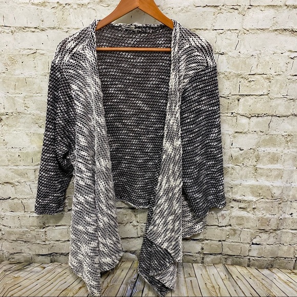 Joan Vass White Black Knubby Knit Open Front Waterfall Cardigan - Picture 1 of 5